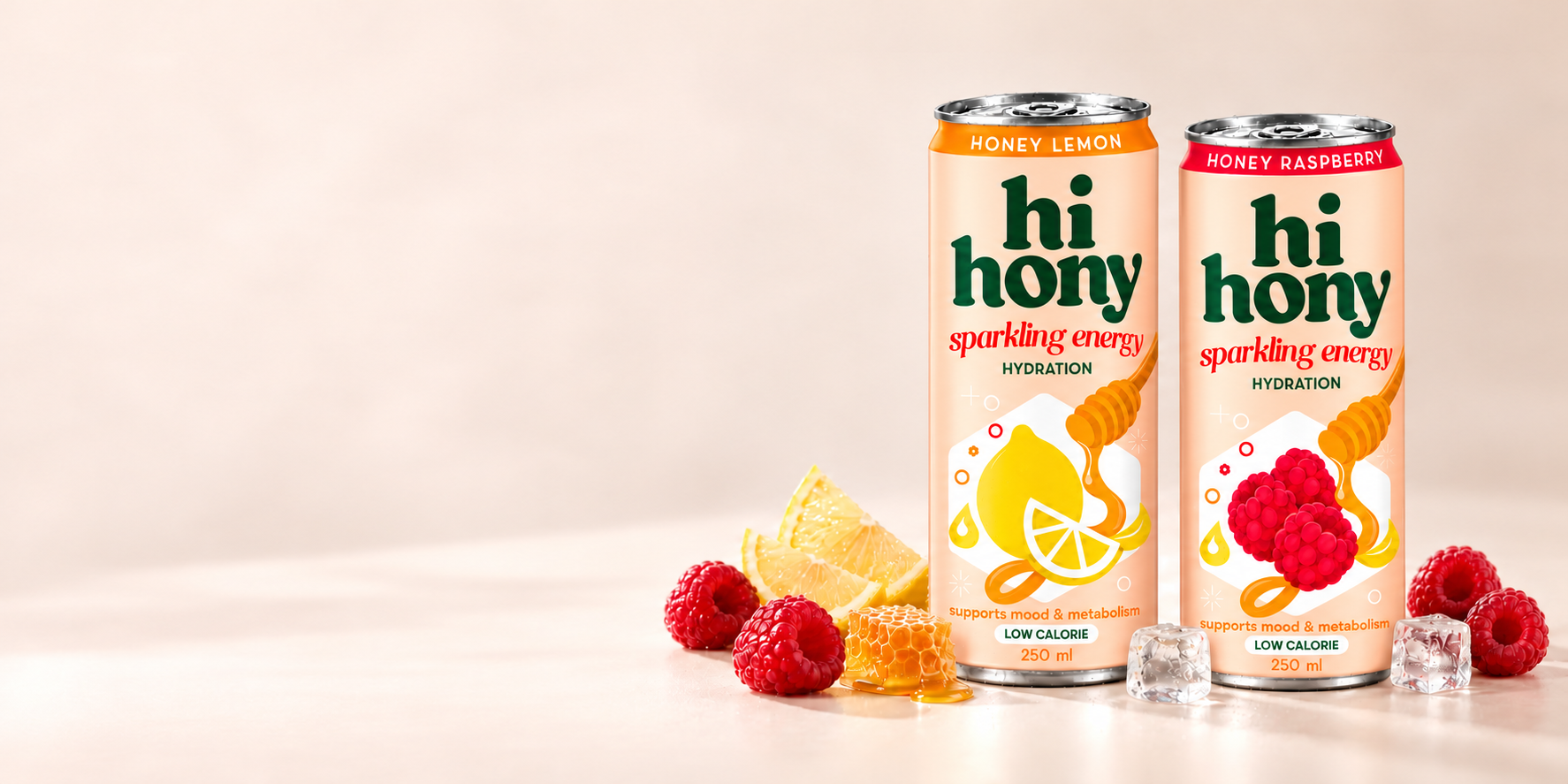 HI HONY Honey Lemon and Honey Raspberry peach cans on a soft ivory and blush backdrop, with subtle lemon, raspberry, honeycomb and ice accents