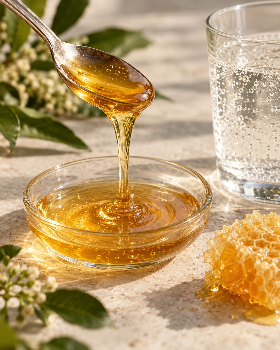 Golden honey, honeycomb and a glass of sparkling water in warm natural light